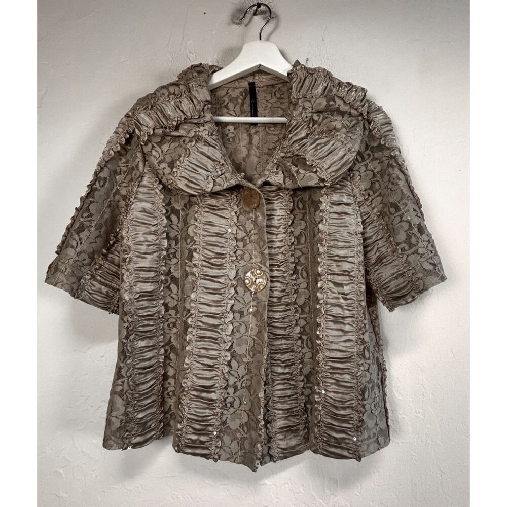 I.C by Connie K Womens Satin Lace Ruffle Blazer Jacket Medium Beige Button Front